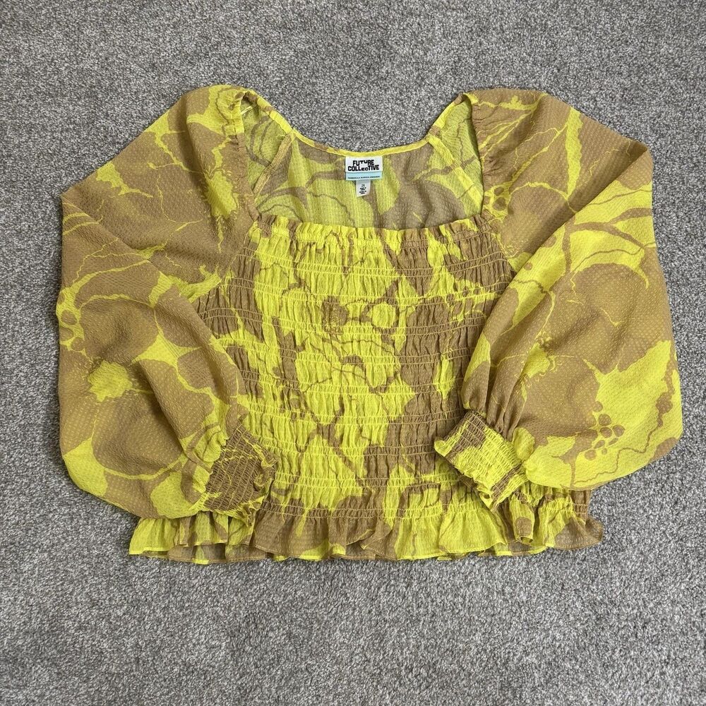 Future Collective Top Womens 2X Yellow Floral Sheer Smocked Cropped Puff Sleeve